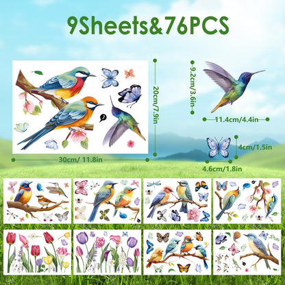 Hianjoo 9 Sheets 76 PCS Tulip Window Clings with Bird Branch Butterfly Double Sided Reusable Spring Holiday Decorations for Room Office