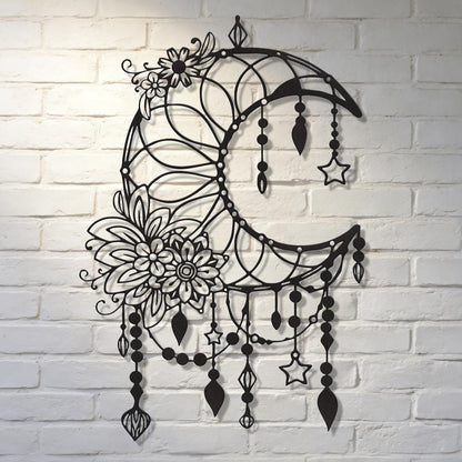 SYDERWE Metal Wall Art, Matte Black Moon Phase Decor, Celestial Bedroom Decor with Floral and Hanging Stars, Indoor & Outdoor