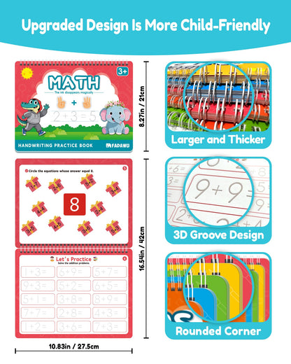 FADAWU Magic Grooved Writing Practice Books for Kids, Large Grooved Handwriting Copybook, Reusable Learn to Write Number Letter Preschool Tracing Workbook for Kids Ages 3-8, Birthday Gifts Toys