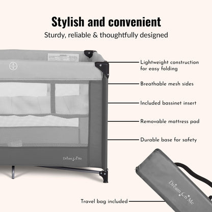 Dream On Me Zazzy Portable Playard with Bassinet - 360° Mesh Visibility, Quick Folding Travel Friendly Design, Carry Bag and Foldable Mattress Pad Included, Compact and Lightweight - Gray