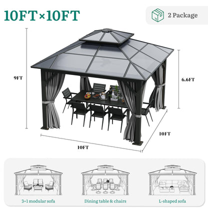 YITAHOME 10x10FT Gazebo Polycarbonate Hardtop Double Roof Canopy Outdoor with Netting and Shaded Curtains, Metal Frame Garden Tent for Patio, Backyard, Deck and Lawns, Grey