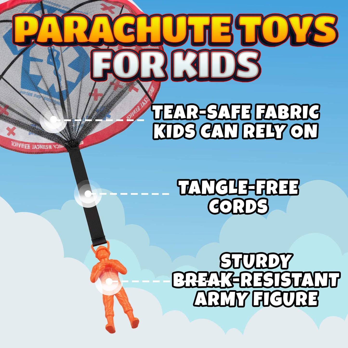 KiddieLoot Parachute Toys for Kids - (Pack of 4) Police, Army, Firefighter & EMT Figures w/Tangle-Free Parachutes - Outdoor Flying Toys for Kids, Party Favors, Birthday Gifts for Boys & Girls Ages 3+