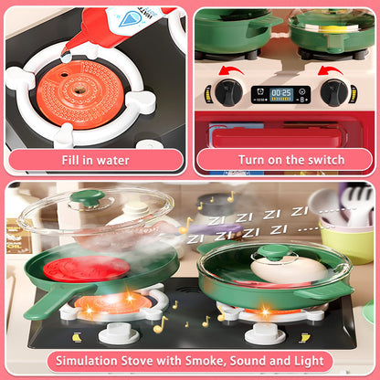 Hitish Kids Kitchen Playset Set, 63PCS Pretend Play Kitchen Toys for Toddlers, Cooking Stove with Steam Sound Light, Play Sink with Manual Faucet, Play Food Accessories Gift for Girls, 33’’H Red