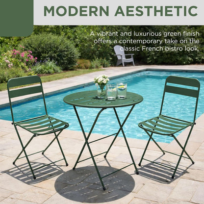 Alpine Corporation VTFAM168A-GN 3-Piece Green Metal Folding Bistro Set – 20" Round Patio Table with 2 Folding Chairs – Portable Indoor/Outdoor Balcony & Garden Furniture Set