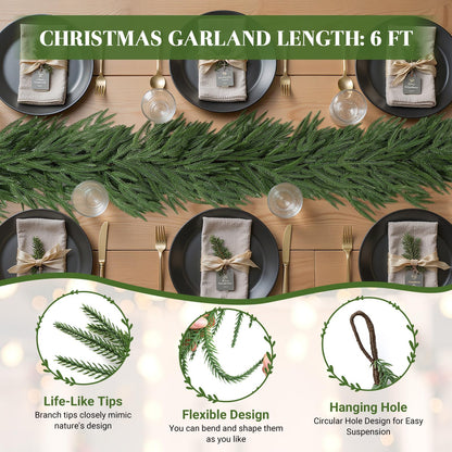 6ft Artificial Christmas Garland, Real Touch Norfolk Pine Garland - Pine Garland, Greenery Christmas Garland for Mantle, Table, Fireplace, Indoor, Outdoor Christmas Decorations