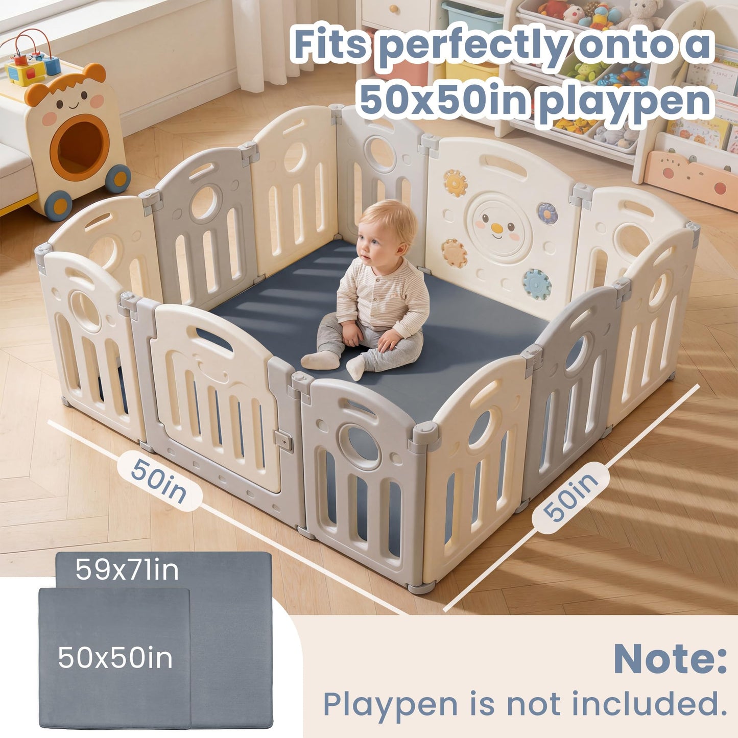 ACOMOPACK 1.3" Thick Baby Play Mat for Floor 50x50"-Memory Foam Water-Repellent Playpen Mat for Tummy Time,Non-Slip Soft Velvet Nursery Rug for Kids,Toddlers,Infants Crawling（Grey）