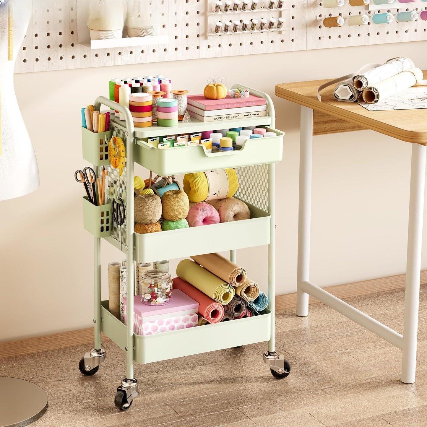 3 Tier Metal Rolling Utility Cart with Drawer & Pegboard - Multifunctional Storage Cart on Wheels with Tabletop, Hooks & Basket, Sturdy Craft & Art Cart for Bathroom, Bedroom, Children Room, Green