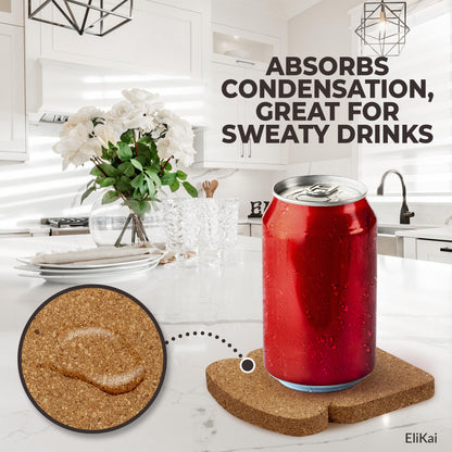 ELIKAI Cork Coasters for Drinks - Funny Coasters for Coffee Table, Absorbent Cork Coaster Set with Holder, Heat-Resistant Hot Pads for Kitchen, Ideal Housewarming and Birthday Gift, Set of 4