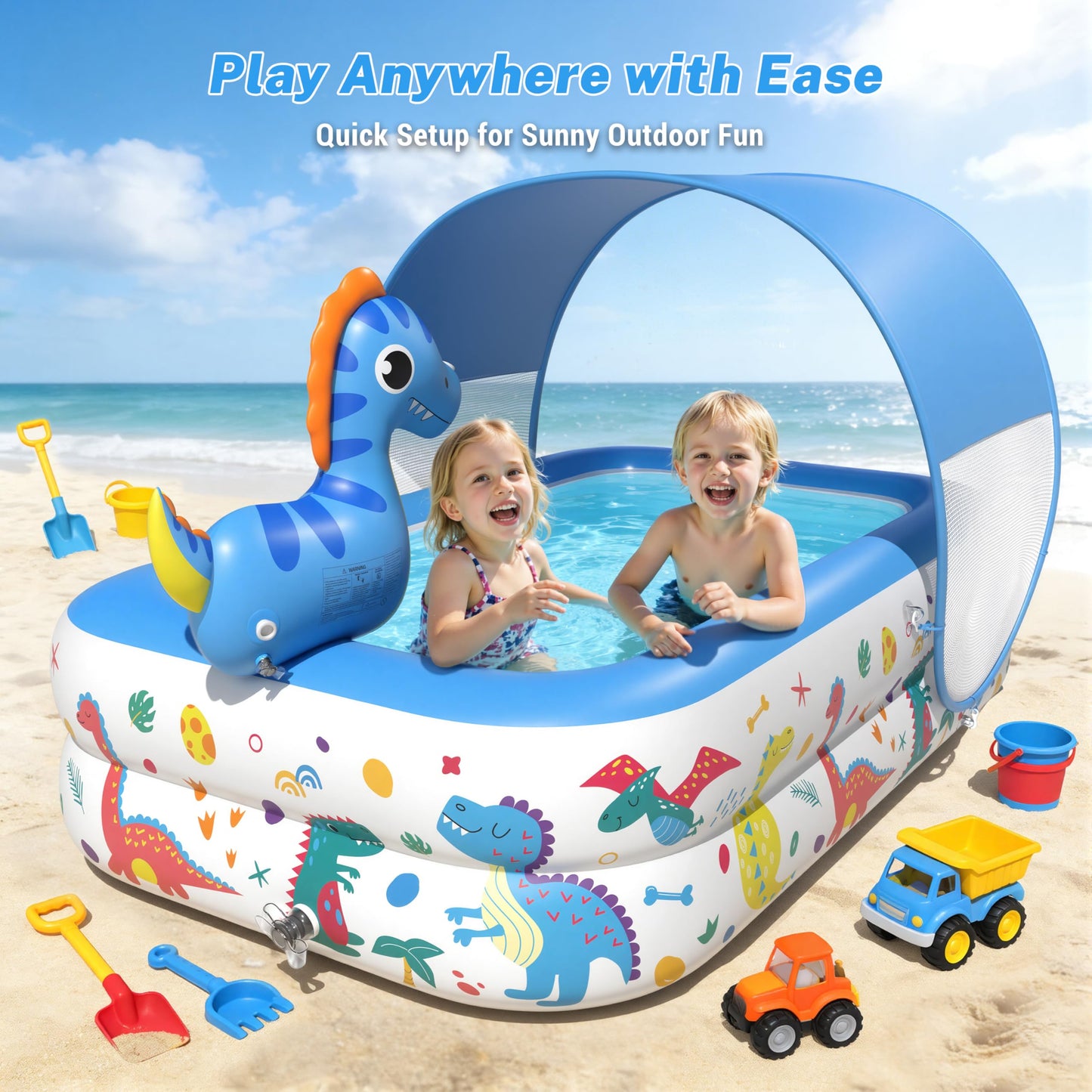 JOSEN Dinosaur Kiddie Pool with Canopy and Sprinkler, Inflatable Baby Pool with Soft Cushioned Floor, Portable Toddler Blow Up Pool Ball Pit for Backyard, Outdoor/Indoor Play Toys