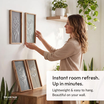 3D Wooden Floral Bathroom Wall Decor (Set of 4) Lightweight, Ready-to-Hang Framed Wall Art For Living Room, Bedroom, or Office - Premium Boho Botanical Farmhouse Decorations - Gift-Boxed