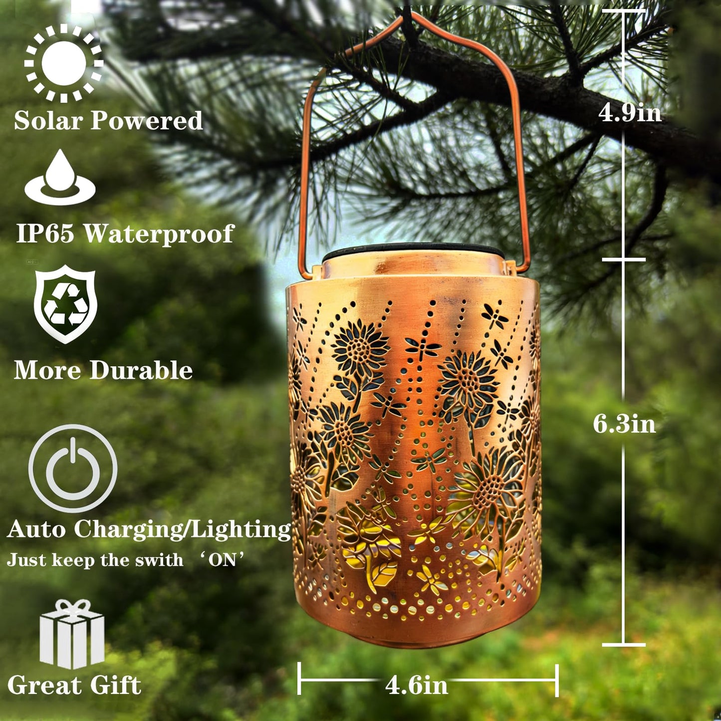 Solar Lights Outdoor Waterproof - Sunflower & Dragonfly Solar Lantern with Hanging Hook, Decorative Garden Lights for Yard, Patio, Lawn, Birthday Gifts for Women/Grandma，Mother's Day Gifts for mom