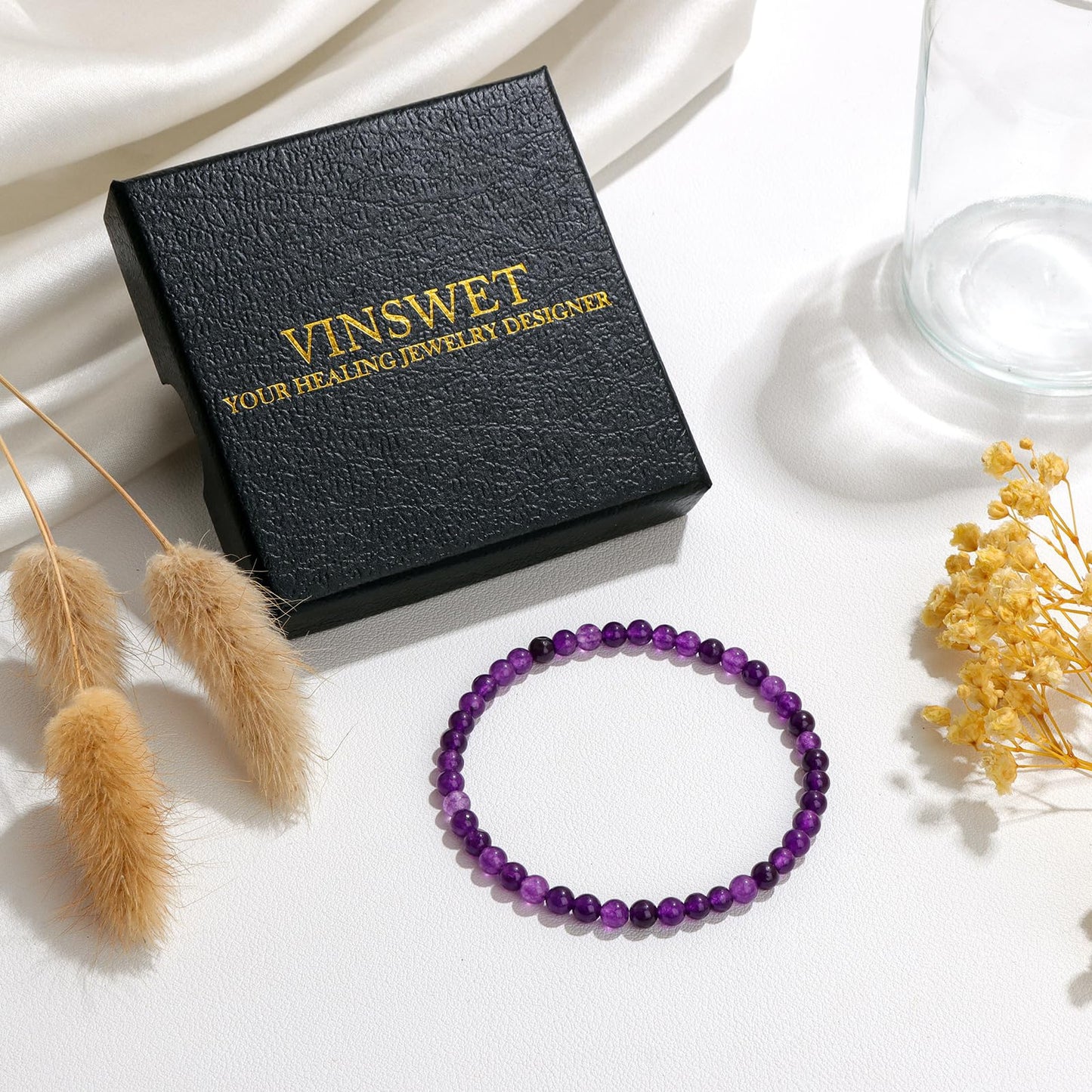 Vinswet Healing Crystal Bracelets for Women Men 4mm Amethyst Natural Stone Beaded Stretch Bracelet Handmade Gemstone Reiki Spiritual Jewelry Gifts