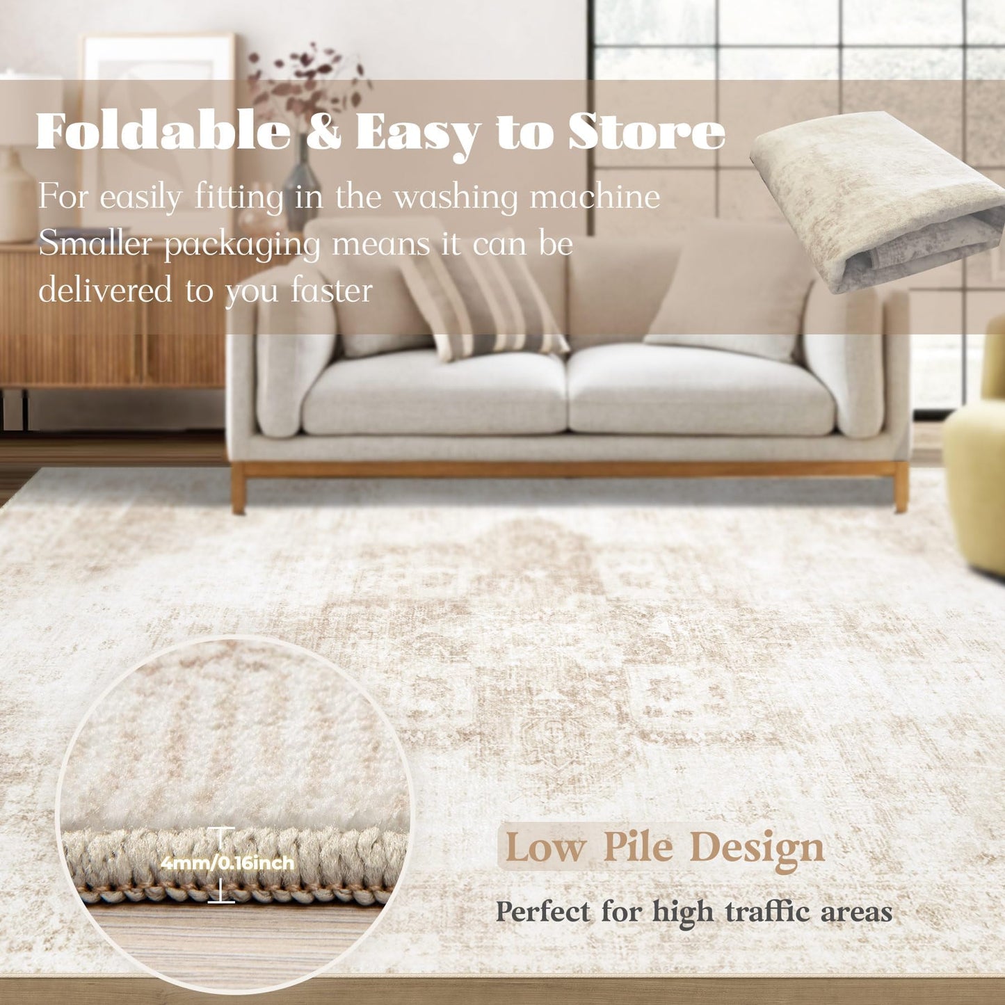 VECARF Area Rug 8x10 Washable Rug, Vintage Boho Medallion Rugs Non-Slip Soft Low Pile Large Distressed Rug Indoor Retro Carpet for Living Room Bedroom Dining Room Home Office (Beige, 8'x10')