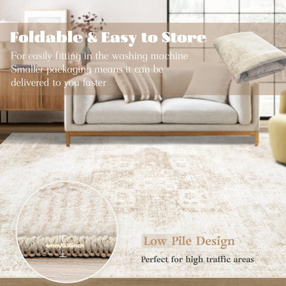 VECARF Area Rug 8x10 Washable Rug, Vintage Boho Medallion Rugs Non-Slip Soft Low Pile Large Distressed Rug Indoor Retro Carpet for Living Room Bedroom Dining Room Home Office (Beige, 8'x10')