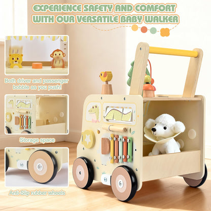 Pithfor Wooden Activity Cube Push Walker, Wooden Baby Walker, Montessori Toys for Babies 10-12 Months 1 2 3 Years Old Boys & Girls, Help Learning to Walk & Sit-to-Stand
