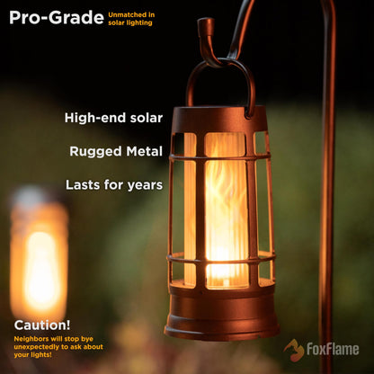 FoxFlame Metal Outdoor Solar Lantern, Flickering Solar Lanterns Outdoor Waterproof with Patented LED, Outdoor Lanterns for Porch, Patio, Garden, Tabletop, Hanging Use, Matte Black (1 Pack)