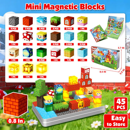 Goody King 45pcs Travel Toys Magnetic Blocks with Metal Box, Light up Magnetic Blocks, Educational STEM Toys for Kids 3 4 5 6 7 8 9 10, Travel Construction Play Set, Christmas Birthday Gifts