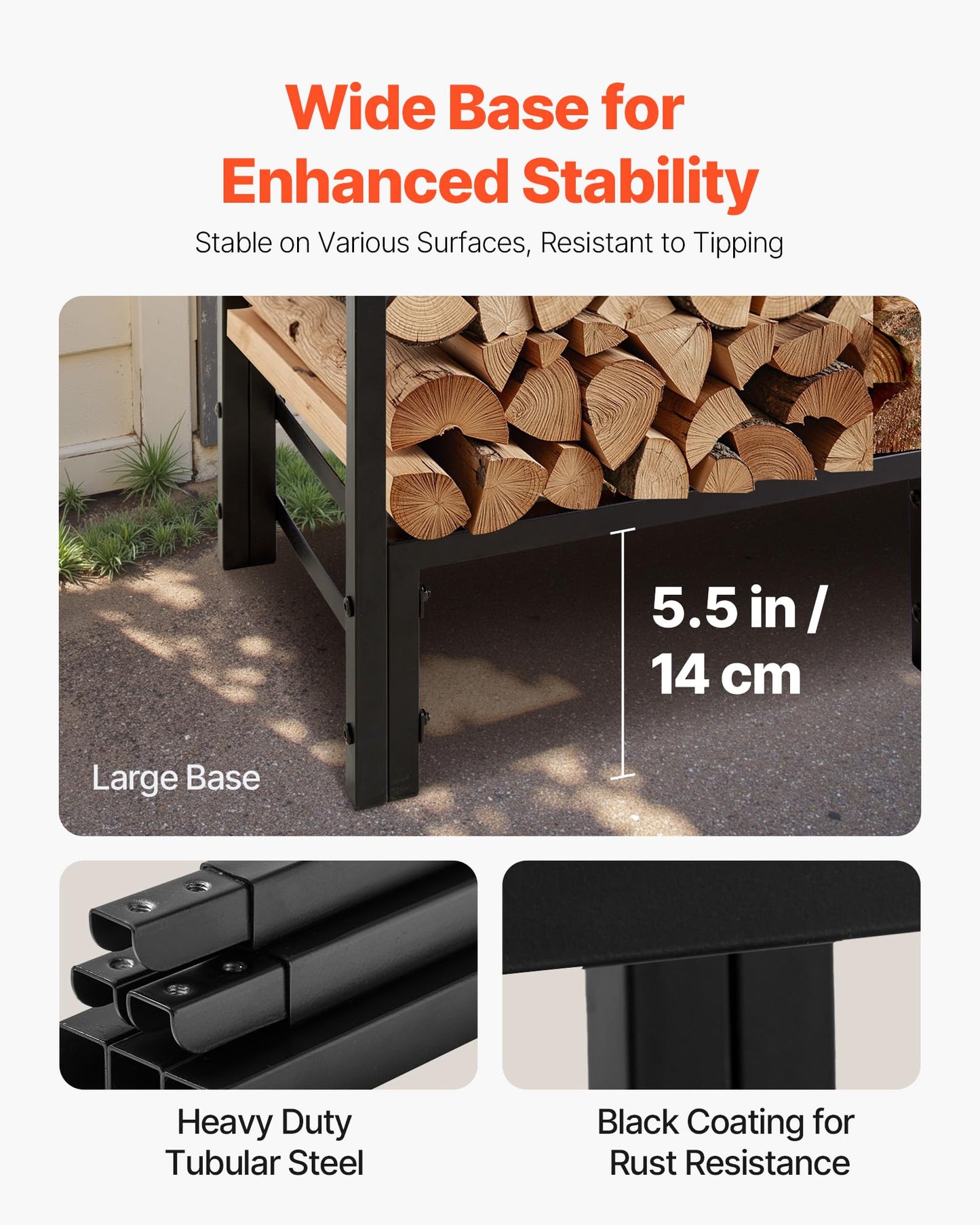 VEVOR Firewood Rack with Waterproof Cover, 4 ft Outdoor Firewood Holder, 1/4 Cord Storage Metal Log Holder, 400lb Max Weight Capacity, Top Covered, Powder-Coated Wood Storage Rack for Fireplace Deck