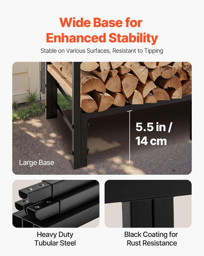 VEVOR Firewood Rack with Waterproof Cover, 4 ft Outdoor Firewood Holder, 1/4 Cord Storage Metal Log Holder, 400lb Max Weight Capacity, Top Covered, Powder-Coated Wood Storage Rack for Fireplace Deck