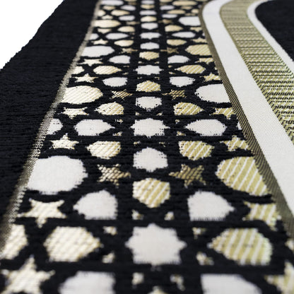 Modefa Turkish Islamic Prayer Mat - Thin Woven Chenille Sajjadah - Intricate Praying Rug Ramadan Eid Gift - Traditional Muslim Janamaz Sajada for Men Women - Geometric Selcuk Star (Black)