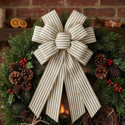 Vickasi Natural Stripes Wreath Bows for Front Door, Khaki Stripes Burlap Ribbon Bowknot Farmhouse Craft Bows Accessories for Wreath Tree Home Decorations