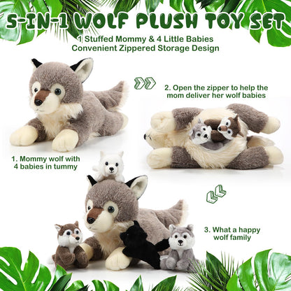Shappy 5 Pieces Soft Wolf Stuffed Animal Family Set – 16 Inch Large Mommy Plush with 4 Small Baby Plushies on Galentines Valentines Day Easter Birthday Exchange Gifts for Kids Boys Girls