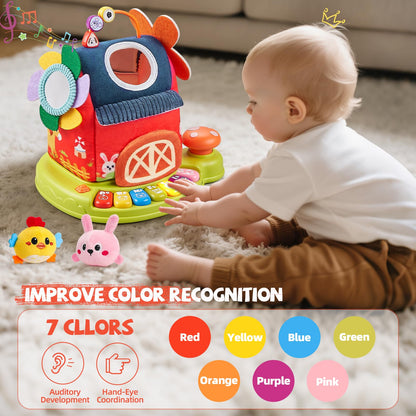 Vanvimen Musical Baby Toys 6-12 Months, Surprise Barn with 7 PCS Stuffed Farm Animals, 4 Mode Sound and LED Lights, Montessori Sensory Toys for 6 12 Months, Ideals 6 7 8 9 Month Old Baby Gifts Toy