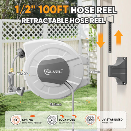 Retractable Garden Hose Reel, 1/2" x 100ft Wall Mount Heavy Duty Automatic Hose Reel with 10 Pattern Nozzle, Any Length Lock & Slow Return System, 180°Swivel Bracket Upgraded UV Resistant,Light Grey