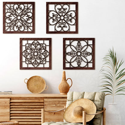 Yulejo 4 Piece Thicken Rustic Wall Decor - Wooden Hollow Carved Design Rustic Wall Art for Living Room, Bedroom, Hallway, Office, Kitchen (Brown, Black)