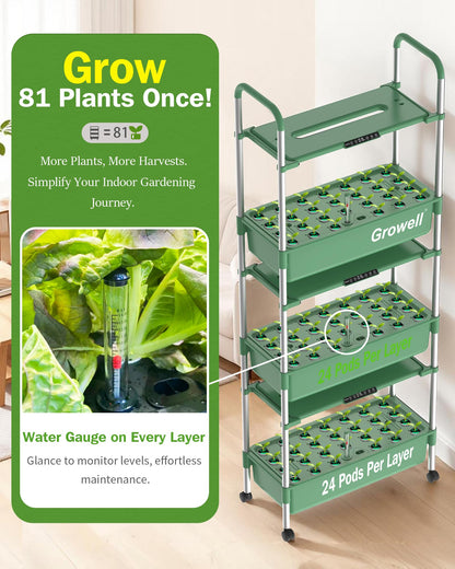 Growell Large Hydroponics Growing System Kit, Vertical Indoor Herb Garden Kit with LED Grow Light & Independent Water Pump, 42L Movable Indoor Planter Perfect Gardening Gifts (3 Tier-81 Pods Green)
