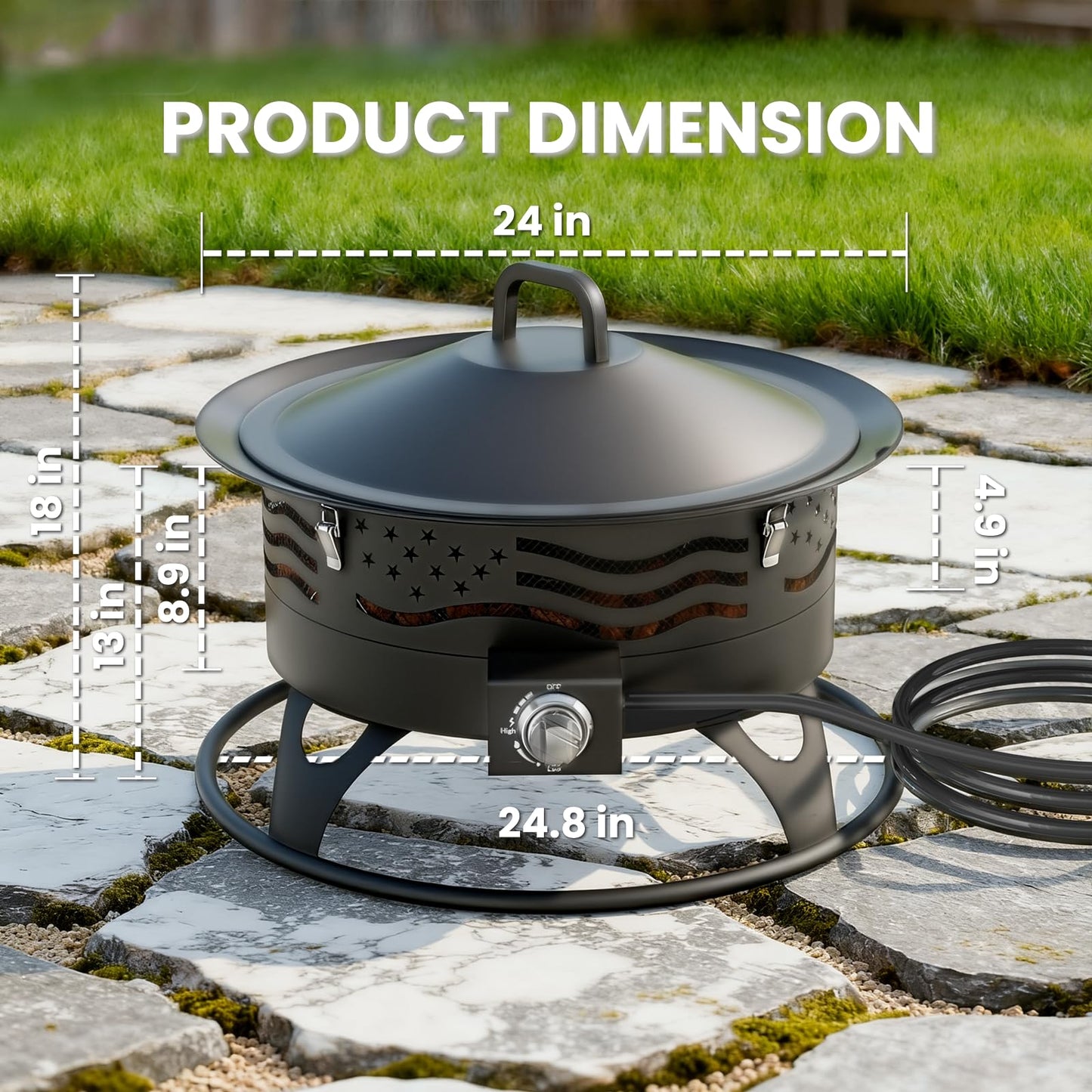 24 Inch Propane Fire Pit, Portable Gas Fire Pit Bowl for Outside, 60,000 BTU Smokeless Outdoor Firepit with Lid & Grill Grate for Patio, Yard, Gardenn, Camping