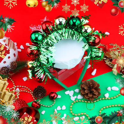 SuPoo Christmas Headbands for Women Christmas Tree Holiday Ball Bell Headbands Xmas Retro Disco Outfit Costume Accessories Iridescent Tinsel Green Hairband Metallic Hair Hoop for Party New Years