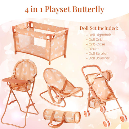 4-in-1 Baby Doll Stroller Set with Butterfly Design – Includes Toy Stroller, Crib, Bouncer & High Chair – Doll Accessories & Baby Doll Furniture Set for Toddlers 3-4 Years – Fits Dolls up to 18 Inches
