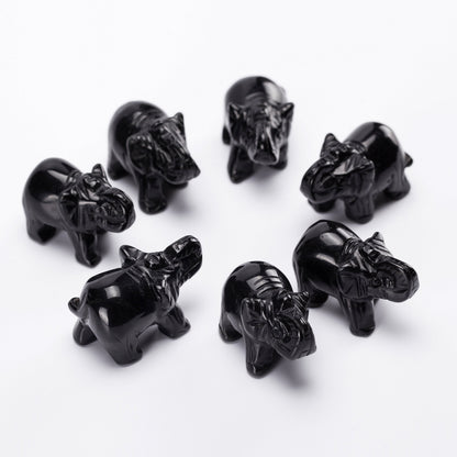 YWG Black Obsidian Elephant 1.5 Inches Statue Crafts Natural Stone Carved Figurine Chakra Carving Stones Healing Reiki