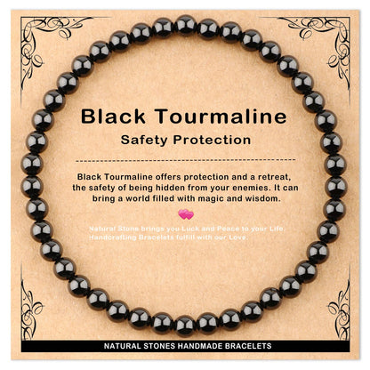 AD Beads 4mm Handmade Black Tourmaline Elastic Bracelet – Natural Gemstone for Safety Protection – Meditation, Yoga, Healing and Energy Gift for Men Women