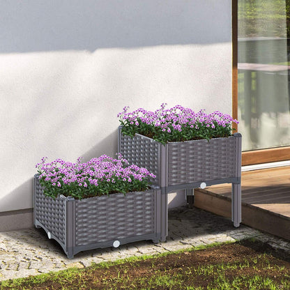 Set of 2 Plastic Raised Garden Bed Kit, Indoor Outdoor Elevated Planter Box, Rattan-Style Plant Containers with Self-Watering Design, for Growing Vegetables, Flowers, Herbs