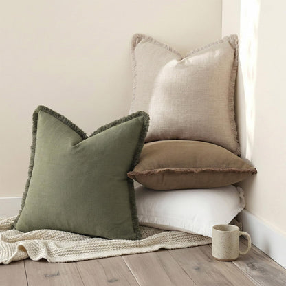 decorUhome Summer Decorative Neutral Linen Fringe Throw Pillow Covers Set of 2 Olive Green Pillow Covers with Tassels Soft Farmhouse Boho Accent Pillow Cases for Couch Bed Sofa 18x18 Inch
