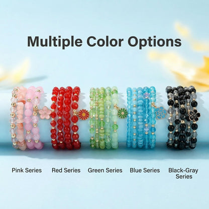 LOTSOF Boho Flower Beaded Bracelet Set for Women - Multilayer Crystal & Flower Charm Stackable Bracelets, Fashion Jewelry Gift for Her (Pink)