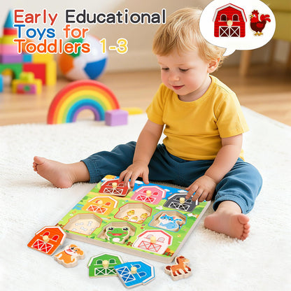 Toddler Wooden Puzzles Ages 1-3, Montessori Toys for 1 2 3 Year Old Boys Birthday Gifts, Farm Animal Peg Puzzles for Toddlers Age 2-4 Girls - Preschool Learning Activities