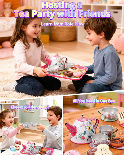 KONYXALU Updated Princess Tea Party Set for Little Girls & Boys - Toddler Tea Set with Dessert & Carrying Case- Immersive Tea Culture Discovery Set -Learn & Play Kids Tea Sets - Ultimate Gift Choice
