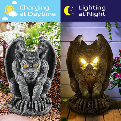 MIBUNG Large Winged Gargoyle Statue with Solar Lights Outdoor Decor, Sitting Gargoyle Monster Dragon Garden Guardian Gothic Creep Scary Sculpture, Patio Yard Lawn Decorations, Valentine's Day Gift