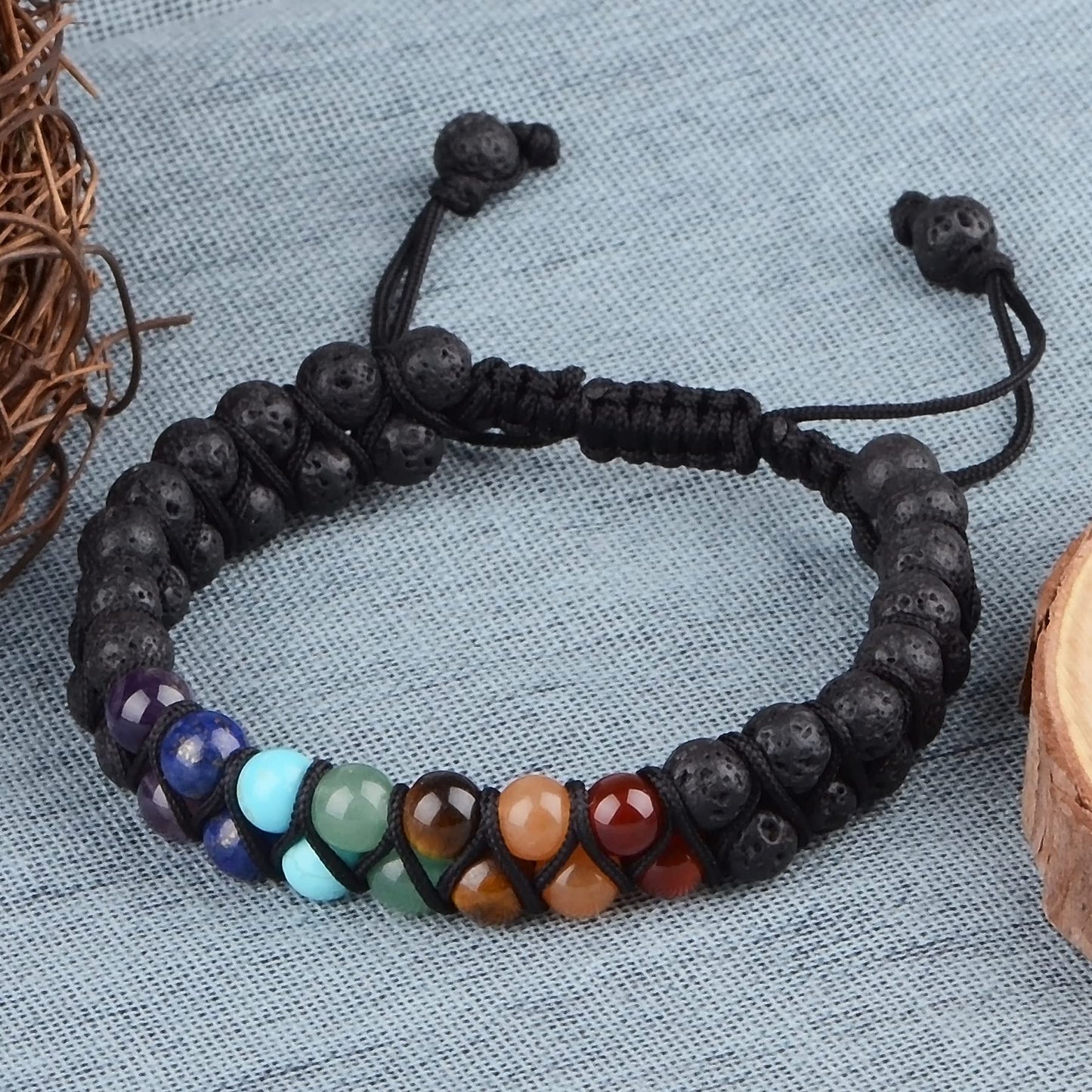 MASSIVE BEADS Natural Chakra Healing Power Crystals Macrame Bracelet Yoga Double Layer Stone Beads Gemstone Meditation Relax Anxiety Bangle for Unisex Women Men (7-Chakras&Lava, 6mm)