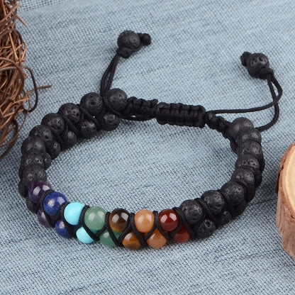 MASSIVE BEADS Natural Chakra Healing Power Crystals Macrame Bracelet Yoga Double Layer Stone Beads Gemstone Meditation Relax Anxiety Bangle for Unisex Women Men (7-Chakras&Lava, 6mm)