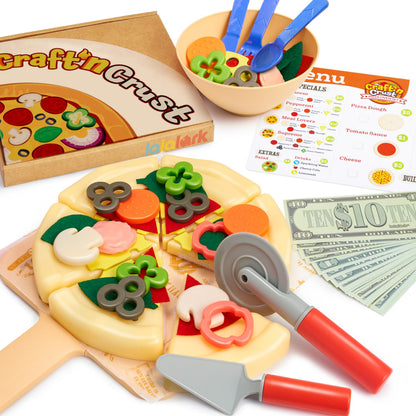lalalark Play Food Toddler Toy - Pizza Toy with 18 Toppings - Pretend Cutting Food for Kids - Craft 'n Crust - Interactive Check Out - Play Money - Cooking Kitchen Accessories for Boys and Girls