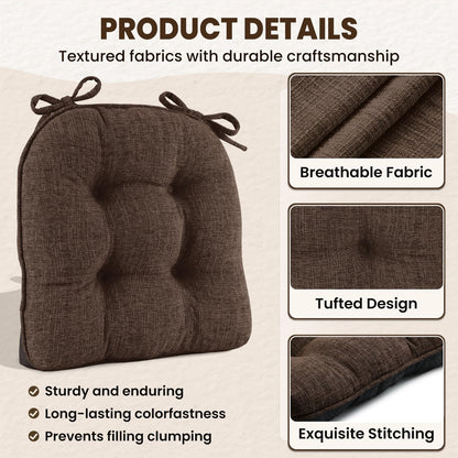 downluxe Indoor Chair Cushions for Dining Chairs, Tufted Overstuffed Textured Foam Kitchen Chair Pads with Ties and Non-Slip Backing, 15.5" x 15.5" x 4", Brown, 4 Pack