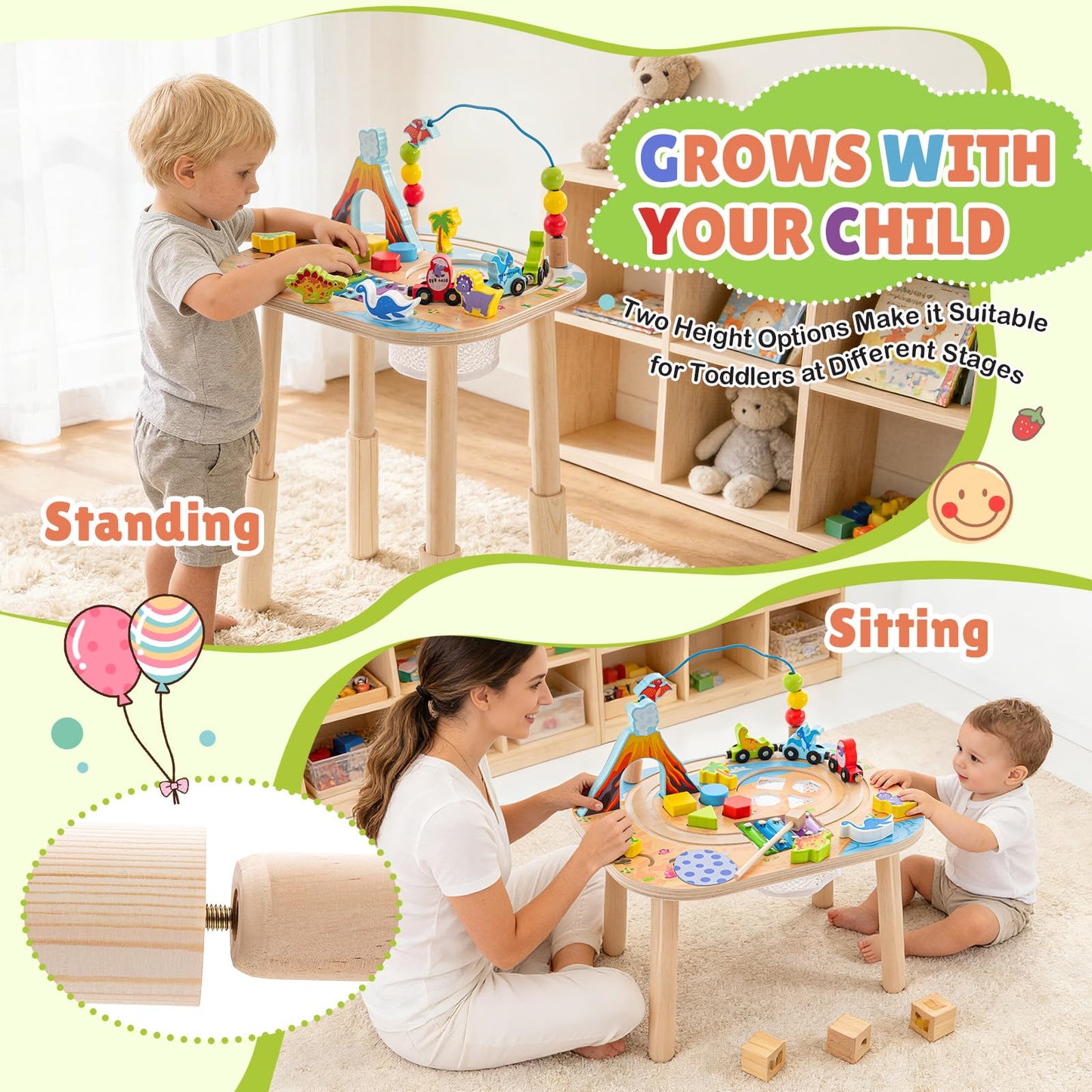 Activity Table for 1 Year Old with Two Height Levels,Wooden Sensory Play Table for Toddlers 1-3,8 in 1 Montessori Learning Toy with Bead Maze, Shape Sorter,Train,Gift for Baby Boys Girls (Dinosaur)