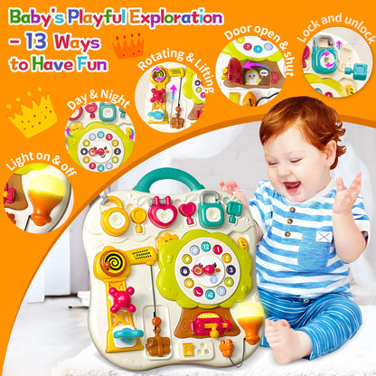 100PCS Baby Blocks Set with Storage Bucket, Building Block Toys STEM Educational Toddler Gifts and Montessori Busy Board Sensory Toys for Toddlers 1-3, 13 Activity Music & Led Light Up Montessori Toys