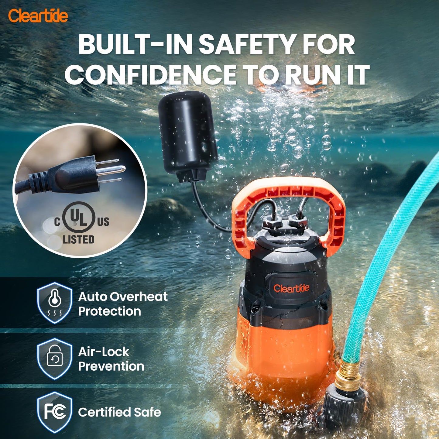Cleartide Submersible Sump Pump with Tethered Float Switch, 1/4 HP Utility Water Pump,100% Copper Motor, Electric Drain Pump Handles 1/8" Solids, 10 FT Cord