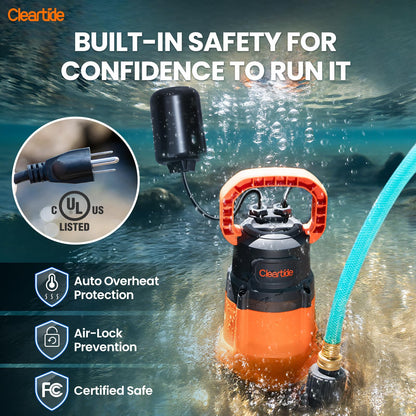 Cleartide Submersible Sump Pump with Tethered Float Switch, 1/2 HP Utility Water Pump, Electric Drain Pump Handles 3/8" Solids, 10 FT Cord