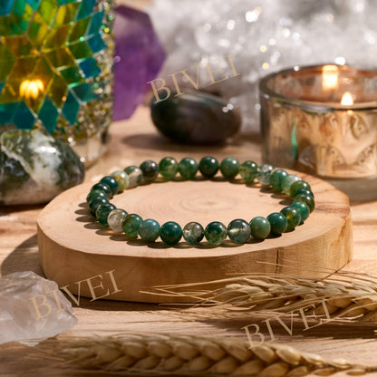 Bivei Moss Agate - Growth - 6mm Beaded Bracelets for Women Handmade Semi Precious Natural Stone Stretch Elastic Jewelry for Women Yoga Protection Gifts Small